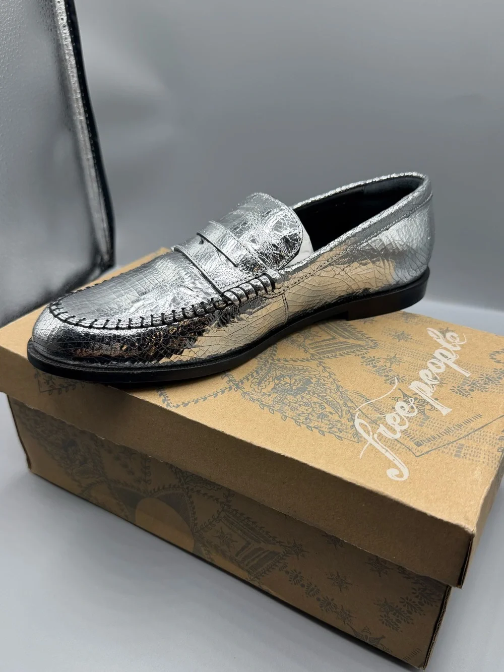 Free People Metallic Pewter Croc-Texture Penny Loafer - Silver